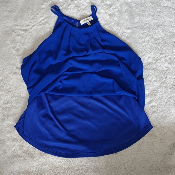 Monteau Sz Small Royal blue Sleeveless halter Top Blouse  Pleated High Collar - Picture 5 of 7